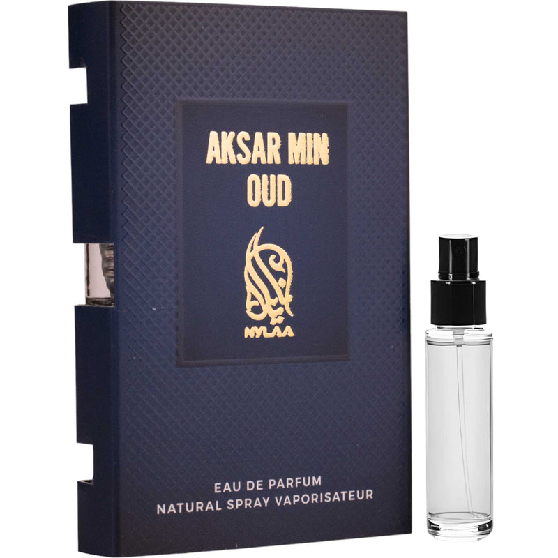 Aksar Min Oud Eau de Parfum 2ml från Nylaa – en unisexdoft med orientalisk elegans och rika, sensuella noter.