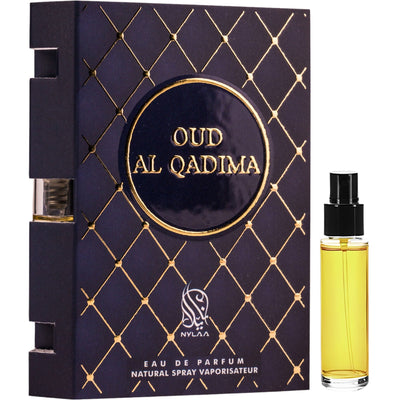 Oud Al Qadima Eau de Parfum 2ml från Nylaa – en unisexdoft med rika oud-noter, perfekt för eleganta tillfällen.