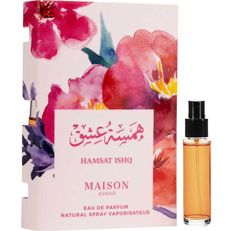 Hamsat Ishq Eau de Parfum 2ml från Maison Asrar: en elegant unisexdoft med sensuella, kryddiga noter för en fängslande upplevelse.