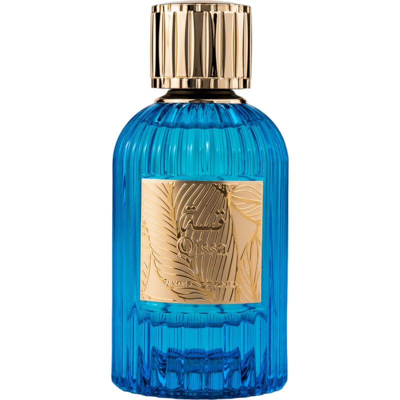 Qissa Blue Eau de Parfum 100ml från Paris Corner - en tidlös, elegant doft med friska och träiga noter för den moderna individen.
