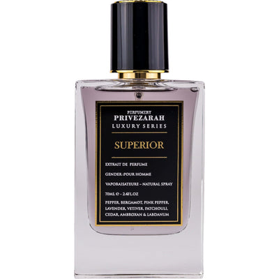 Superior Extrait de Parfum 70ml från Privezarah – en exklusiv herrdoft med citrusnoter, kryddor och varma träackord.