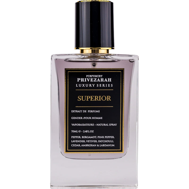 Superior Extrait de Parfum 70ml från Privezarah – en exklusiv herrdoft med citrusnoter, kryddor och varma träackord.