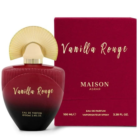 Maison Asrar Vanilla Rouge EDP 2ml – en elegant och sensuell doft med vanilj, blommor och trä, perfekt för sofistikerade kvinnor.